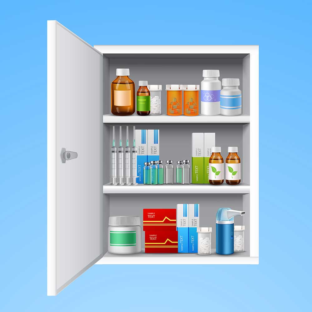drawing of a medicine cabinet with prescription drugs - prescription drug abuse - refer your client to Great Oaks Recovery Center - prescription drug addiction treatment and alcohol rehab in Houston